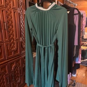Pleated Silky Emerald Green and Pearl formal gown